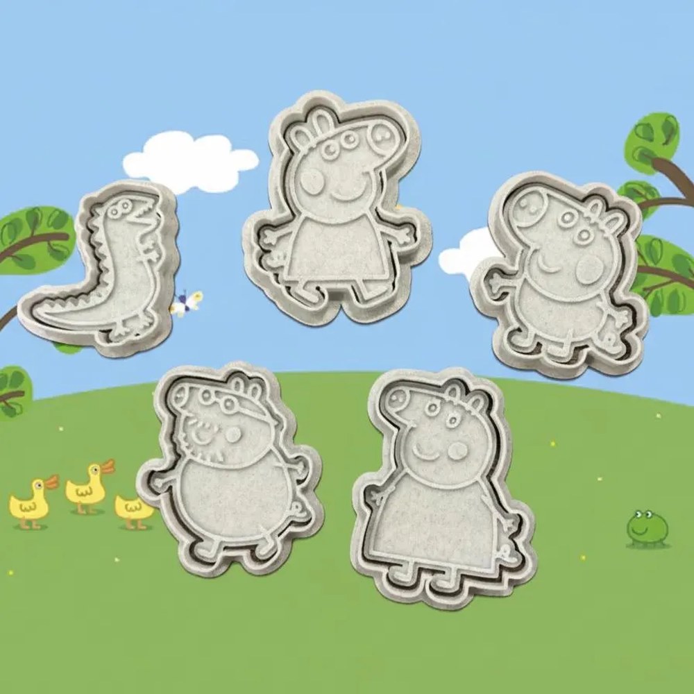 Baking With Kids - Peppa Pig & George Cookie Cutter Set - 5 Cutters - Peppa Pig - Stamp and Bake